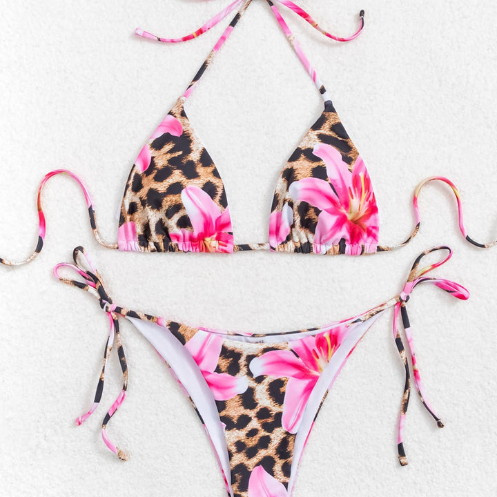 Dame triangel-bikini med blomsterligt leopardmønster og justerbare bindebånd Skovae