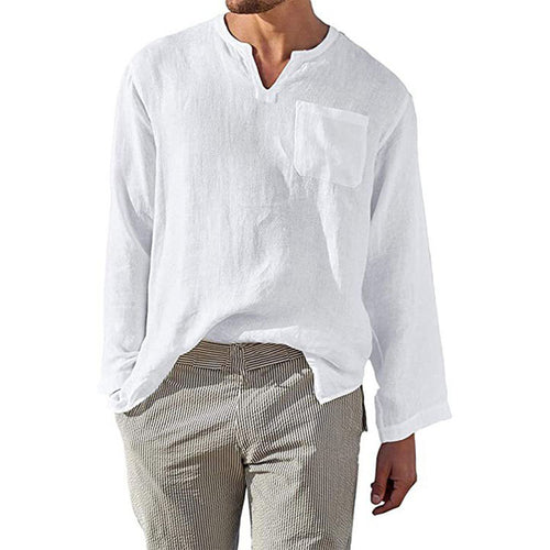 Herrer afslappet langærmet skjorte med moderne V-udskæring og praktisk brystlomme Stilla