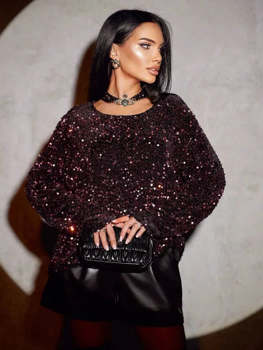 Dame Glitrende Oversized Top med funklende Pailletter Stilla