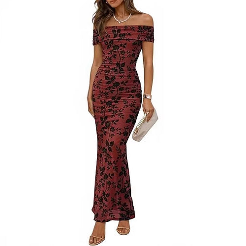 Dame elegant off-shoulder maxikjole med blomsterprint og elastisk indlæg Skovae