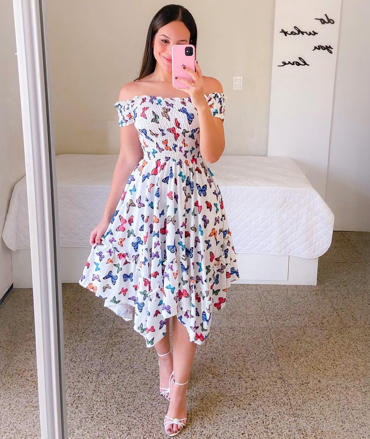Dame Midikjole med off-shoulder skæring og blomsterdesign Stilla