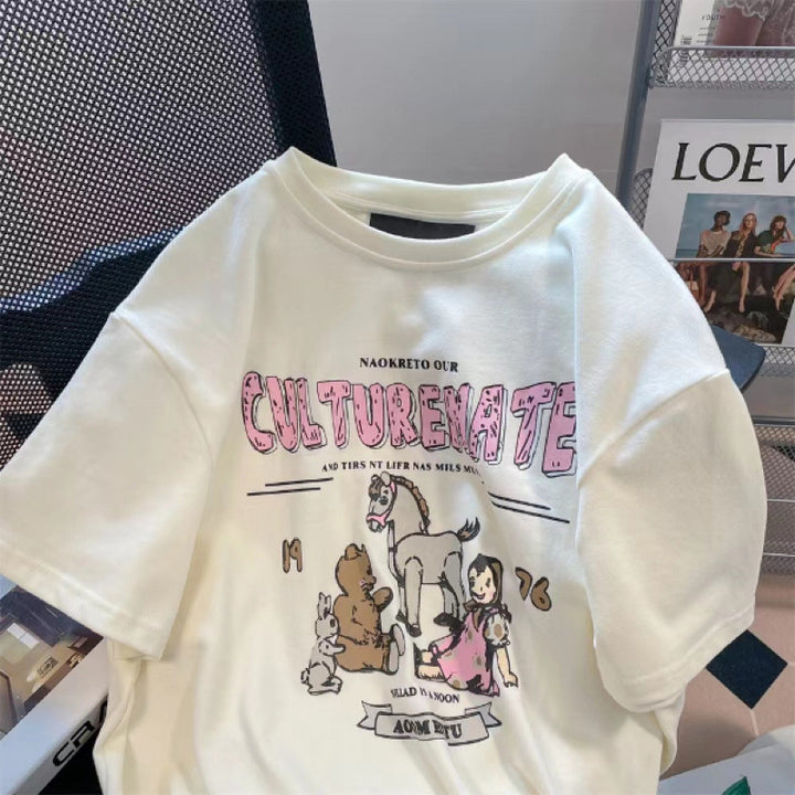 Dame T-shirt med kreativ kulturprint og afslappet oversized-snit Stilla
