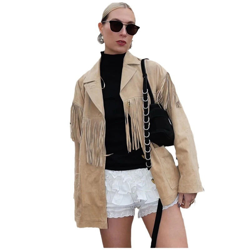 Dame Mode Suede Jakke med Frynser Stilla