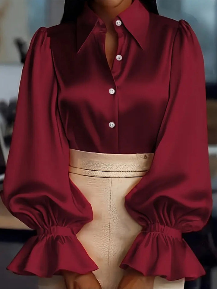 Dame elegant silke bluse med puffærmer og flot knapliste Skovae