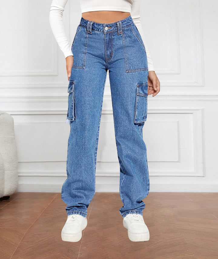 Dame Cargo Jeans med høje sidelommer og elastisk kant Stilla