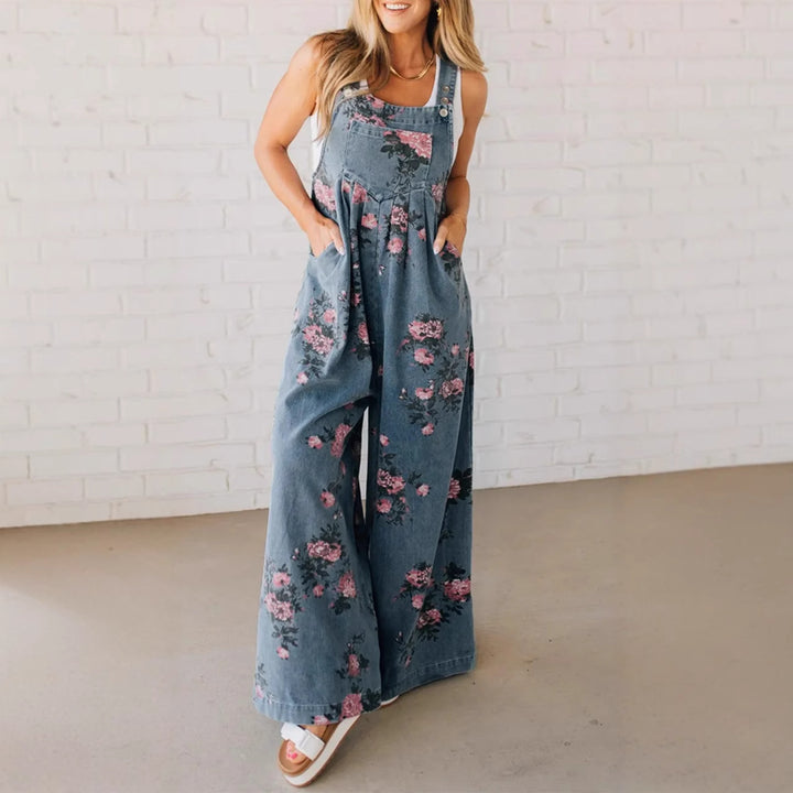 Dame bomulds-overall med blomstret print og brede ben Stilla