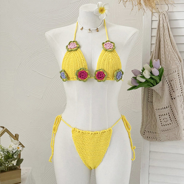 Dame Elegant Hæklet Bikini Sæt med blomsterapplikationer Skovae