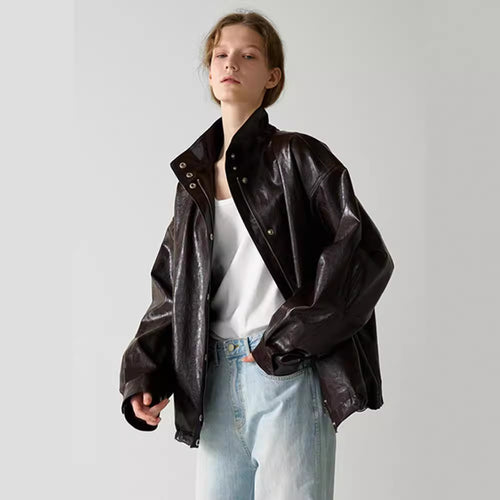 Kvinderne trendy oversized læderjakke med høj krave og trykknaplukning Stilla