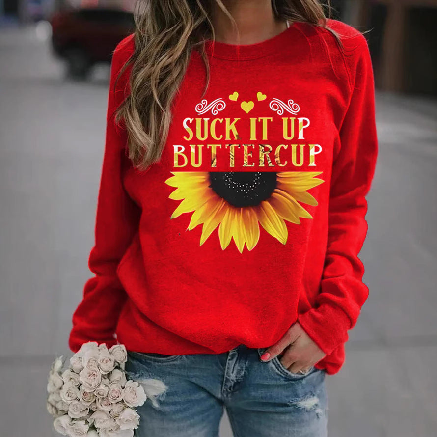 Kvinders sweatshirt med kreativ solsikkeprint og motiverende citat Stilla
