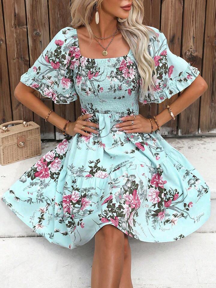 Dame Blomster Smocked Lagkjole Stilla