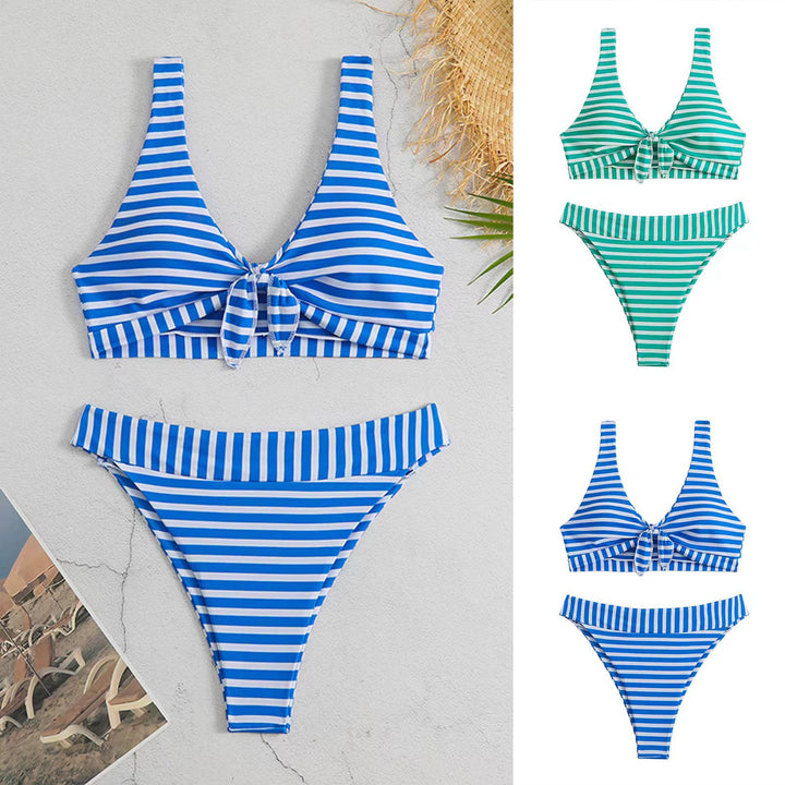 Dame To-delt Bikini-sæt med fashionable knude-detalje og klassisk stribemønster Stilla