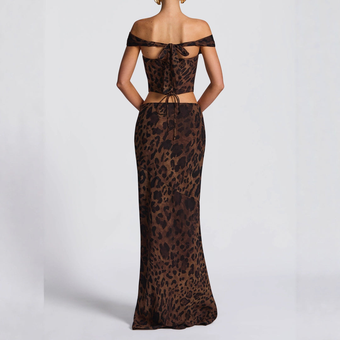 Dame Elegant Maxikjole med skulderfri design og leopardmønster Skovae