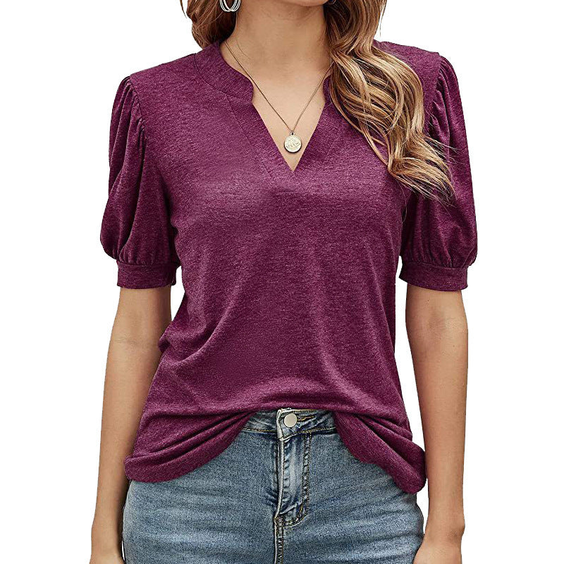 Dame Casual T-shirt med puffærmer og detaljeret designet V-hals Stilla