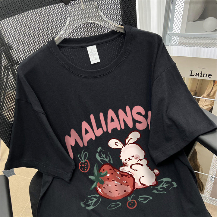Dame T-shirt med glædeligt jordbær- og kaninmotiv Stilla