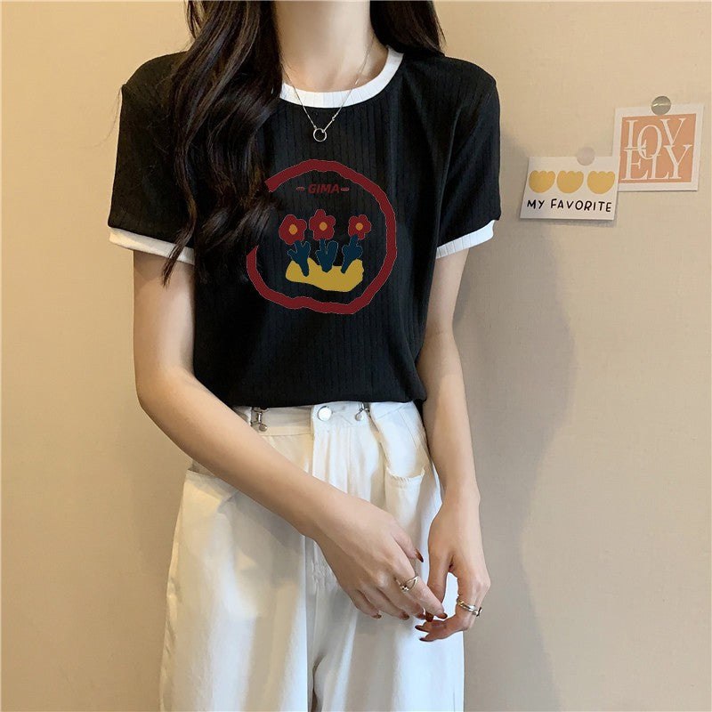 Femme Trendy Blomst Udsmykket Rib T-Shirt Stilla
