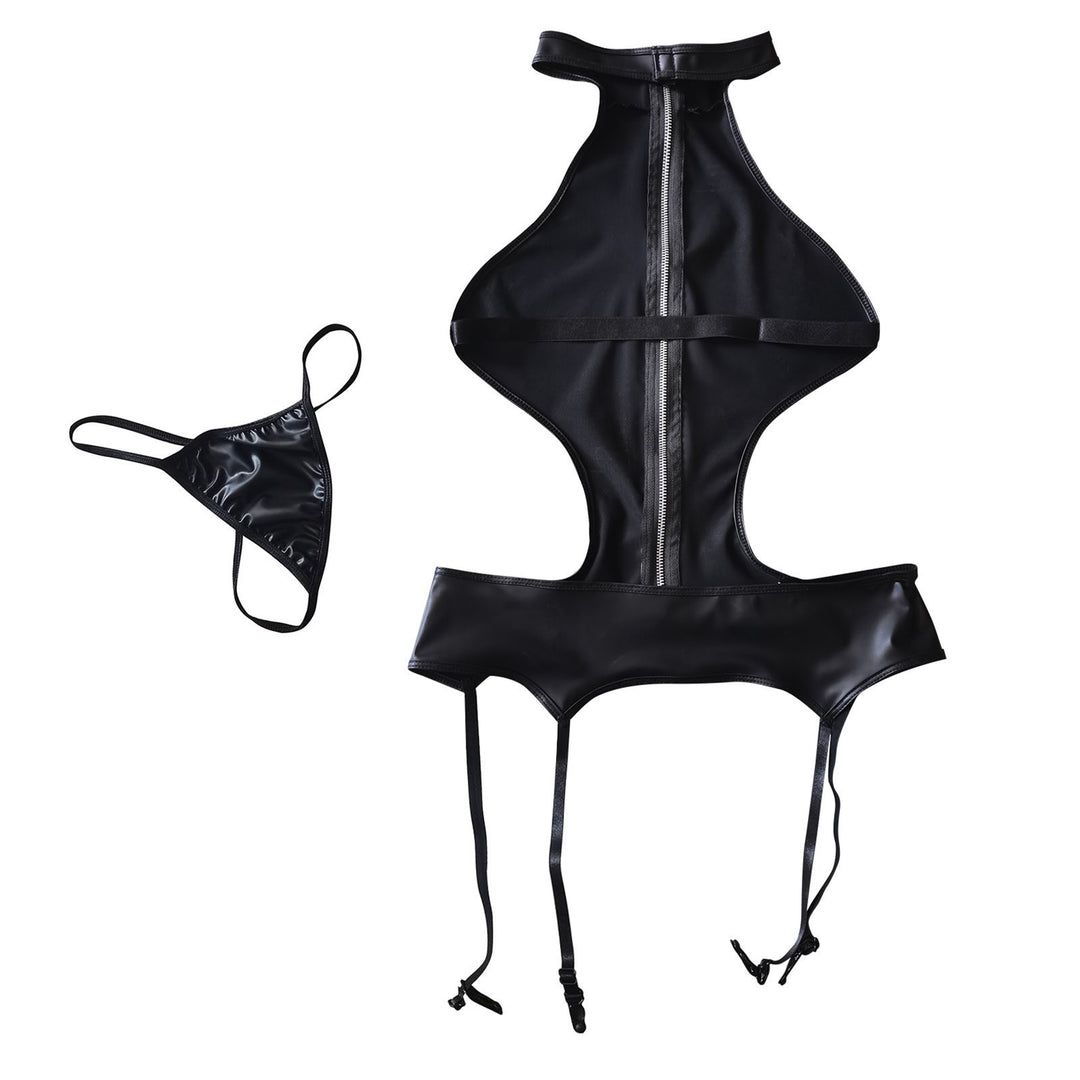 Kvinder Højskåret Vinyl Bodysuit med Lynlåsdetalje Stilla