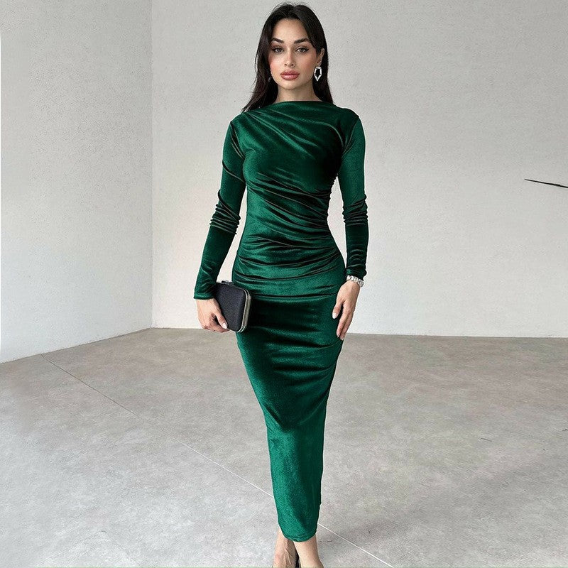 Dame maxikjole med elegant drapering og lange ærmer Stilla