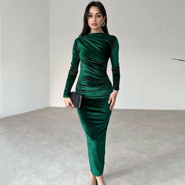 Dame maxikjole med elegant drapering og lange ærmer Stilla