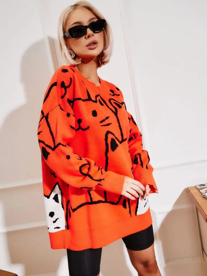 Dame stilfuld pullover med kattemotiv og afslappet snit Stilla