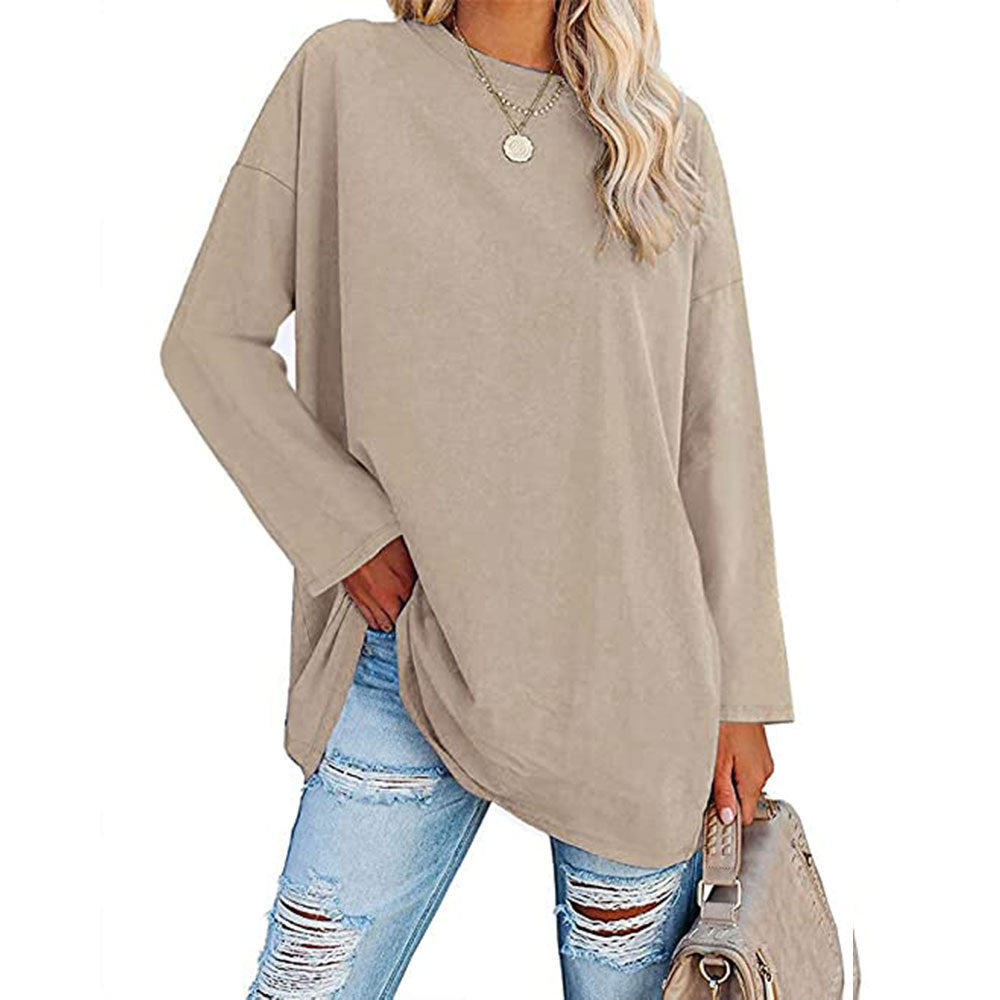 Dame afslappet oversized langærmet t-shirt med dyb rund halsudskæring og sidelange slidser Stilla