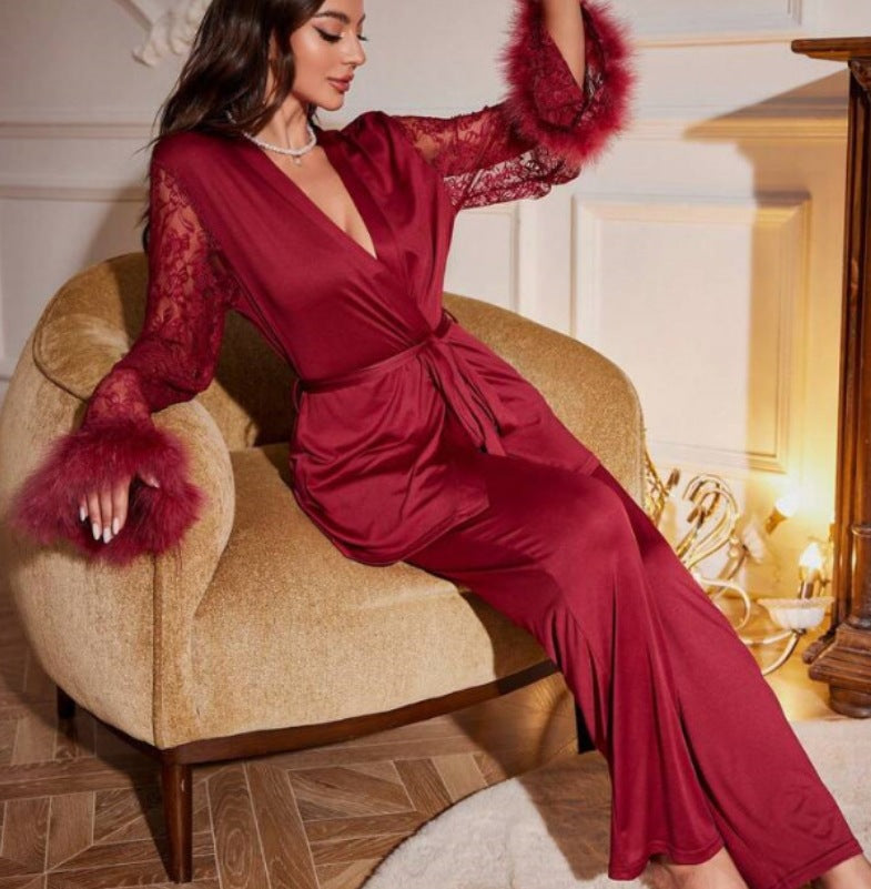 Dame elegant satin natkjole med blondeærmer og taljebælte Stilla