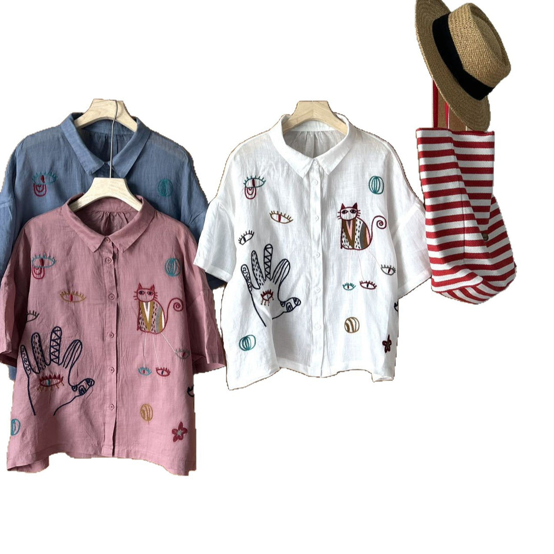 Femme Broderet Kort Button-Up Skjorte og Højtaljet Maxi Nederdel Sæt Stilla