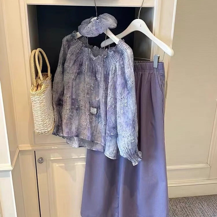 Dame bred bluse med flæseærmer og elegant høj talje bukser Stilla