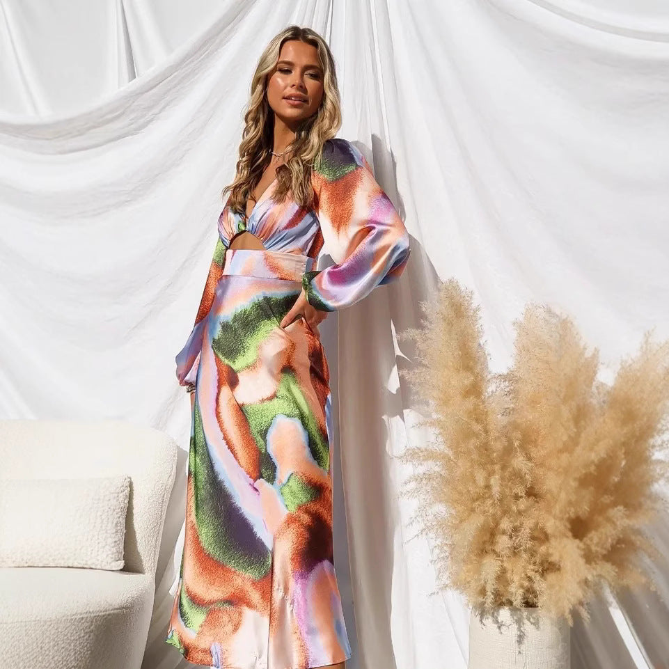 Women's midi dress with innovative cut and colorful pattern Skovae
