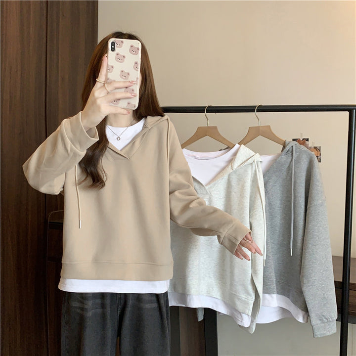 Femme Komfortabel Oversized V-Udskæring Hoodie Sweatshirt Stilla