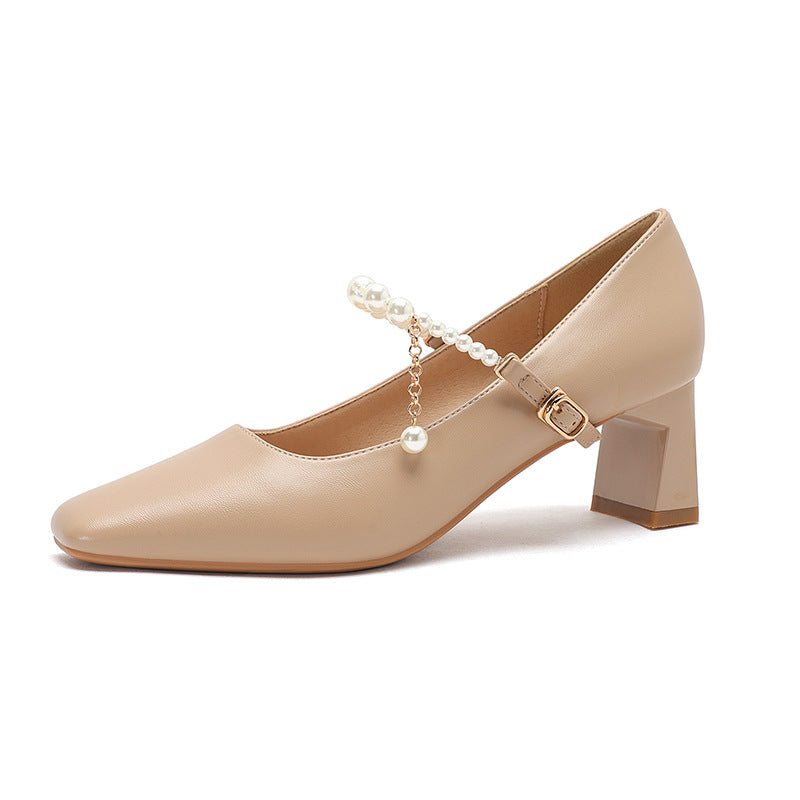 Femme Elegante Chunky-hæls-Mary-Jane-sko med perle-detalje Stilla