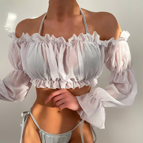 Dame Cropped Bluse overdel med afslappede flæser og elastisk bund Stilla