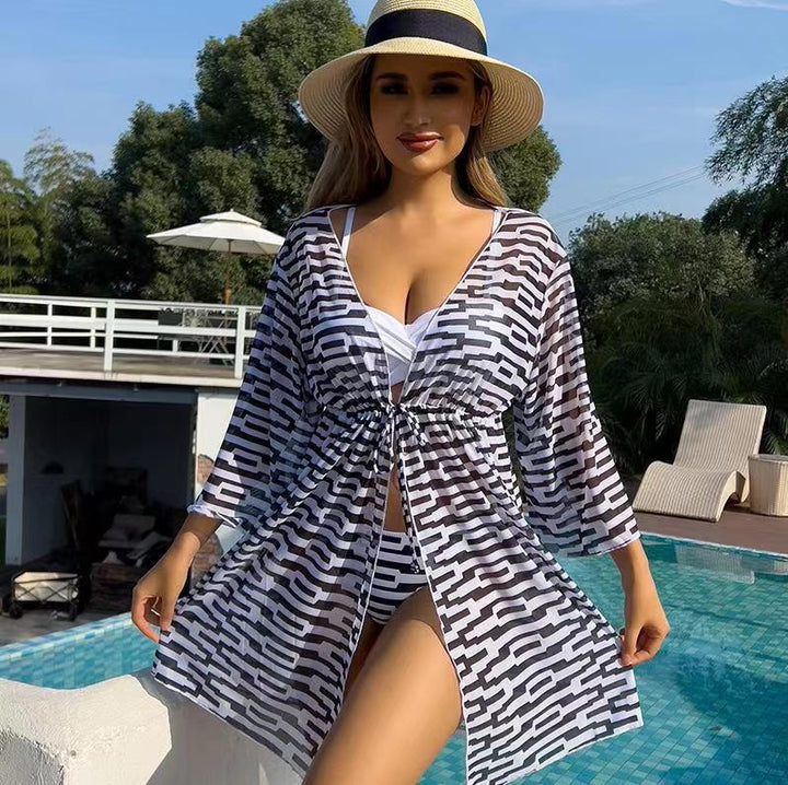 Dame gennemsigtig strandkimono med raffineret bindebånd og moderigtigt mønster Stilla