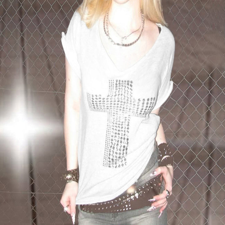 Dame Oversized T-Shirt med krystaludsmykning og V-hals Skovae