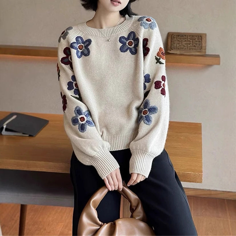 Dame mode sweater med blomster broderi design Stilla