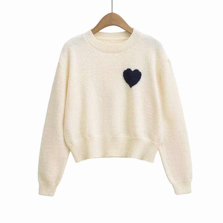 Dame strikpullover med hjerte-applikation Stilla