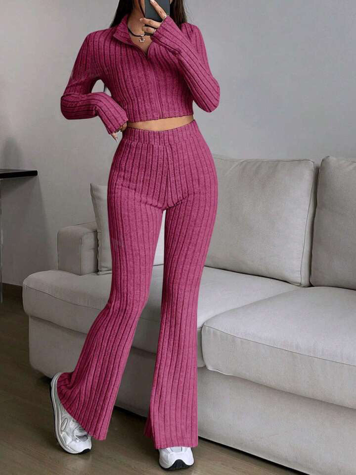 Dame Strik-Loungewear-Sæt med cropped top og løstsiddende bukser Stilla