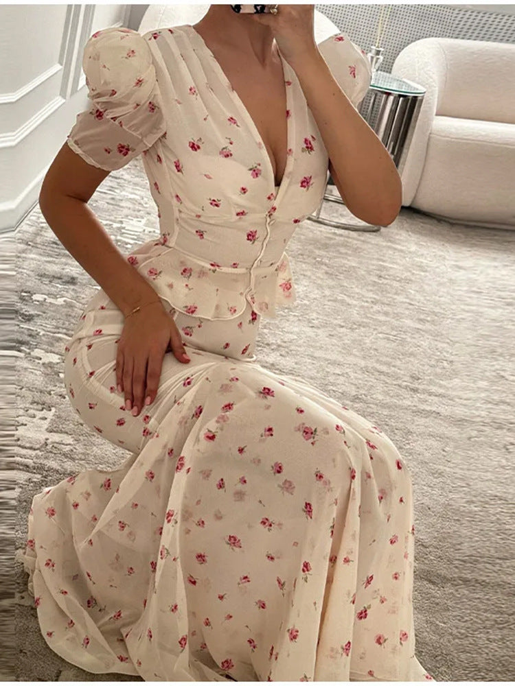 Damer elegant Maxikjole med dyb V-halsudskæring og blomsterdesign Stilla
