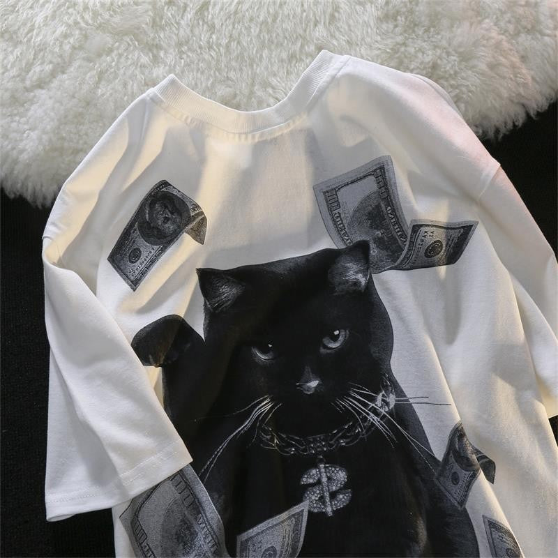 Dame T-shirt med kreativt kattemotiv og eksklusivt penge-design Stilla
