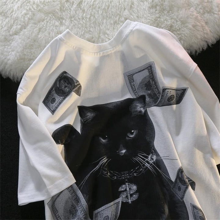 Dame T-shirt med kreativt kattemotiv og eksklusivt penge-design Stilla
