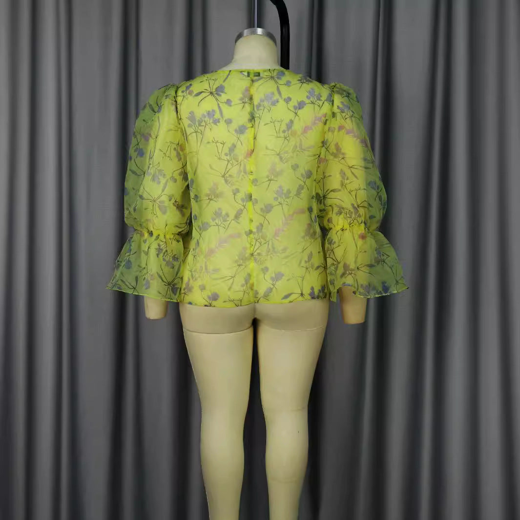 Dame blomster chiffonbluse med volumøse ærmer Skovae