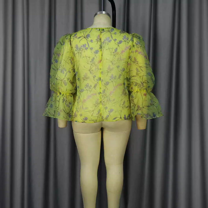 Dame blomster chiffonbluse med volumøse ærmer Skovae