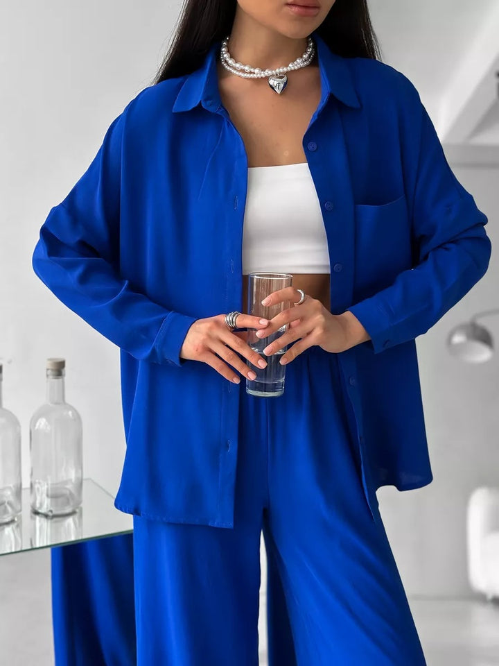 Dame løs linned-buksedragt sæt med elegant bluse og elastisk talje Stilla