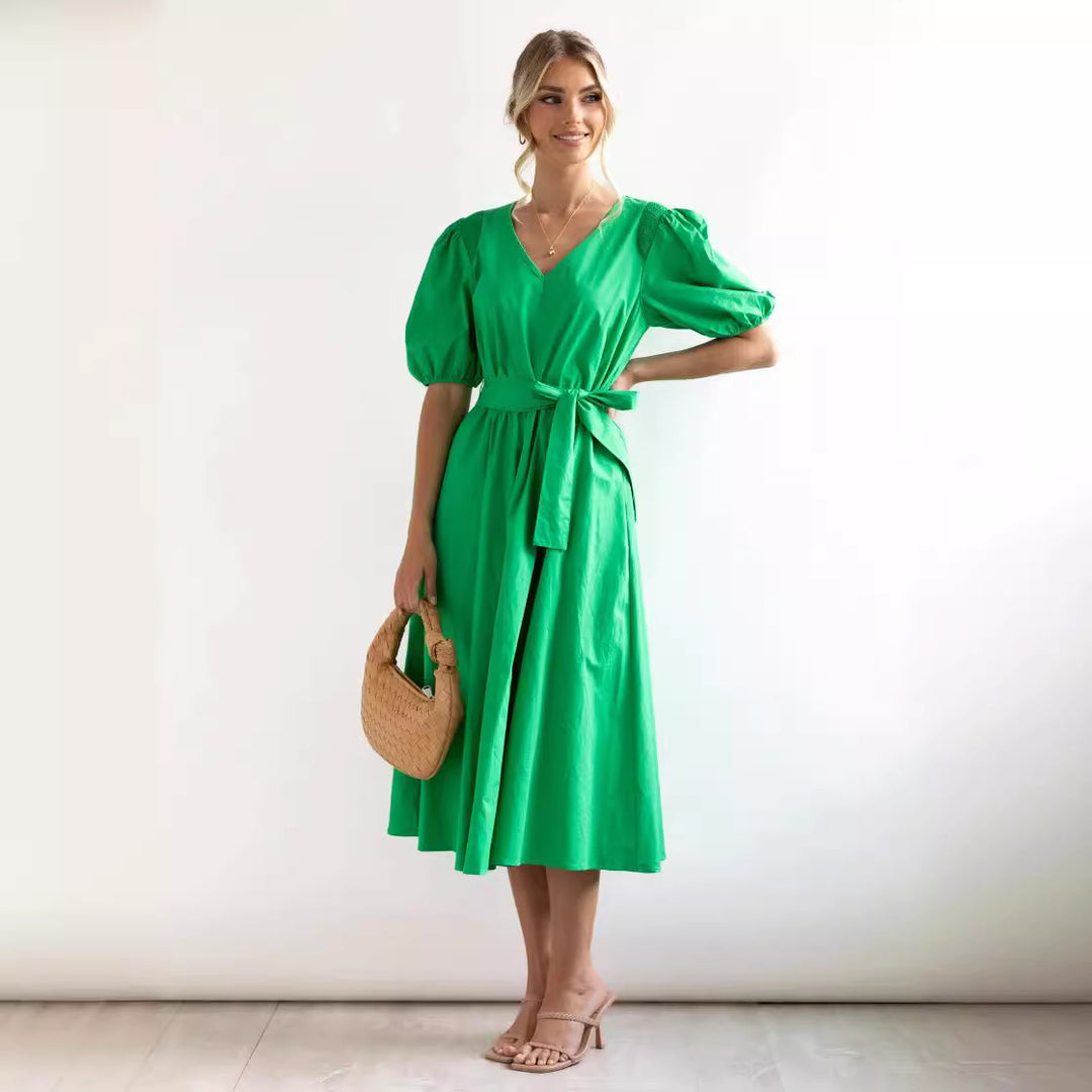 Dame Elegant V-hals Midi Kjole med Puffærmer og Talje Bælte Stilla