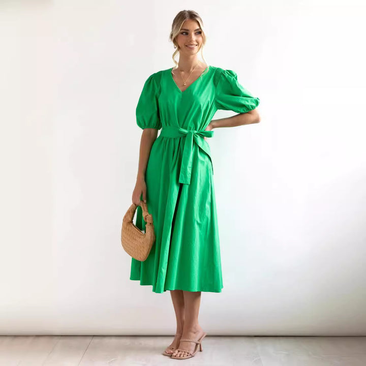 Dame Elegant V-hals Midi Kjole med Puffærmer og Talje Bælte Stilla