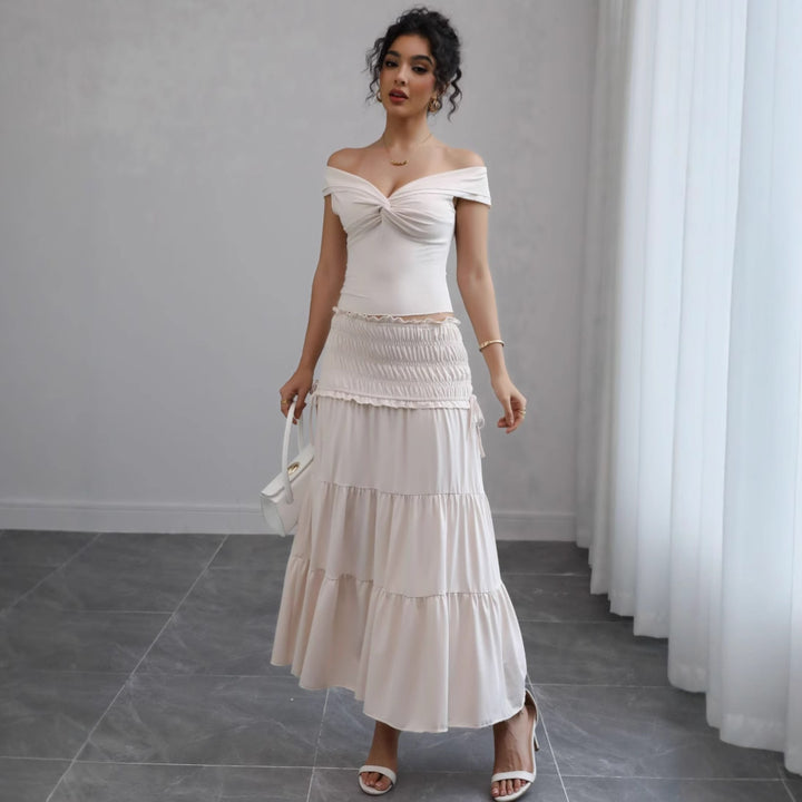 Damer Off-Shoulder Maxi Kjole med Rynket Nederdel og Romantisk Design