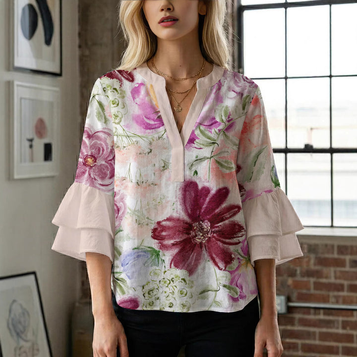 Dame skjorte med voluminøse ærmer og blomsterdesign Skovae