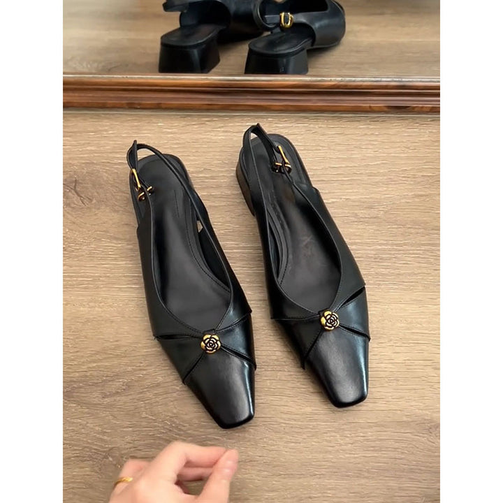 Dame Elegant Kvadrat Tå Slingback Ballerinas med dekorativt Guldaccent Stilla