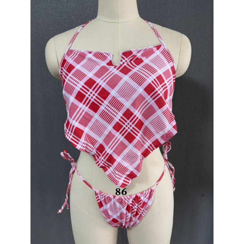 Dame Crop-Top Bikini med asymmetrisk snit og moderigtig ternet mønster Skovae