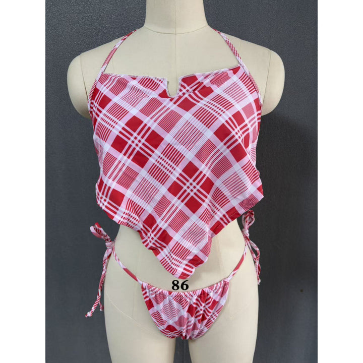 Dame Crop-Top Bikini med asymmetrisk snit og moderigtig ternet mønster Skovae