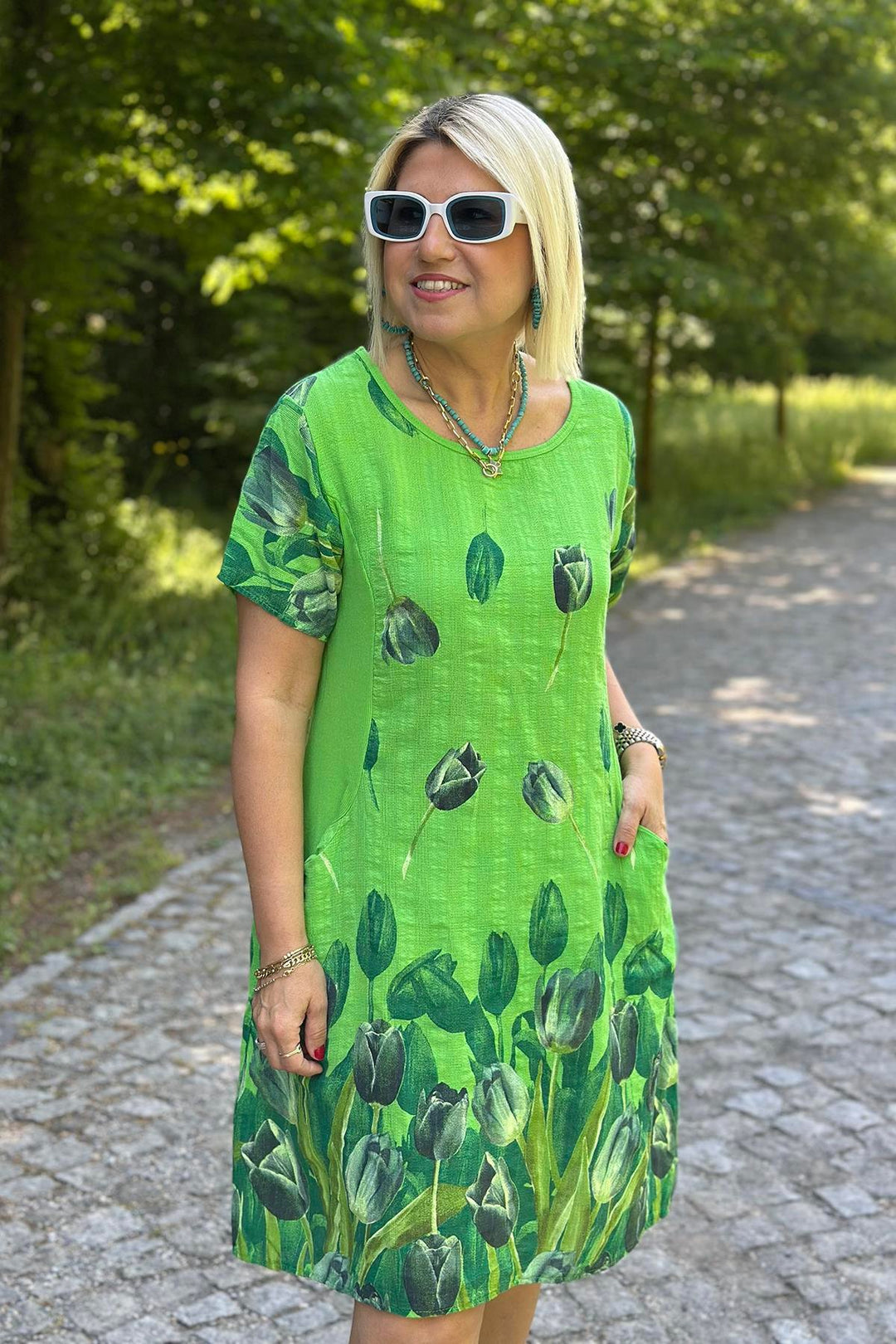 Dame Kortærmet Blomster Mønster A-Linje Kjole Stilla